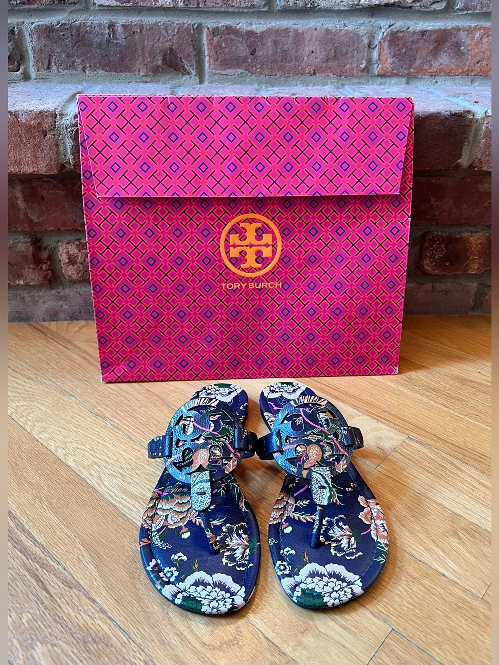 Tory Burch Happy Times Navy Floral Printed Tumbled Leather Miller Sandals